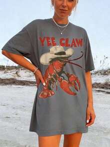 Camiseta de Vaquero con Langosta, Camiseta Divertida con Garra de Langosta, Camiseta de Playa Estilo Western, Camiseta de Verano para Mujer con Estampado de Chica Tomate, Camiseta Casual de Manga Corta de Talla Grande para Mujer, Camiseta Holgada con Estampados de Moda para Todas las Temporadas, Camiseta para Amigas y Familiares en Fiestas, Vacaciones, Acción de Gracias, Halloween, Día de San Valentín, Uso Diario, Unisex - Gris - Ver 3