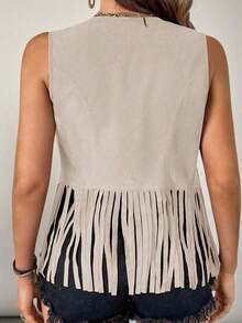 Chaleco/chaqueta de mujer talla grande con estilo boho y western, de unicolor con parches y flecos en el bajo, para usar en verano, otoño e invierno - Albaricoque - Ver 2