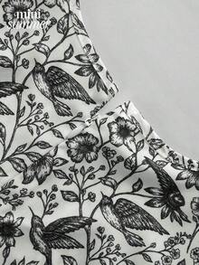 minisummmer Vestido mini sin mangas con estampado floral azul y blanco - Vestido de línea A con cintura plisada y volante en el bajo - Uso casual diario - Adecuado para decoración de Pascua, atuendo de Pascua, fiesta, reunión elegante, vacaciones de verano en la playa - Blanco y Negro - Ver 5