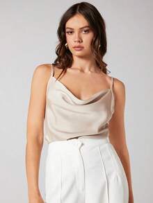 Top de satén sin mangas para mujer, elegante y romántica de unicolor, para uso casual y de negocios, adecuada para oficina, diario, otoño - Beis - Ver 4