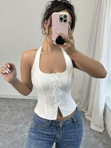 blanca elegante y ajustada con cuello de lazo para volver al colegio - Blanco - Ver 7