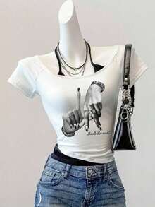 Camiseta de mujer casual de cuello en V retro, con atar, de manga corta y contraste de color, adecuada para el verano - Multicolor 4 - Ver 4