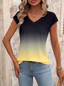 Blusa de rayas de verano casual para vacaciones, de manga corta y cuello en V, minimalista y versátil para uso diario y viajes, estilo coreano suave y apropiada para la oficina - Amarillo - Ver 3