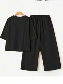 Conjunto de 2 piezas de top ajustado de manga media con cuello en V y pantalones largos de lino, casual, para primavera/verano/otoño/invierno - Negro - Ver 2