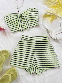 2 piezas Conjunto de top corto a rayas y shorts de cintura alta para mujer, adecuado para vacaciones, citas, té de la tarde, playa, crucero, viaje a la ciudad, festival de música, estilo bohemio de playa - Verde - Ver 3