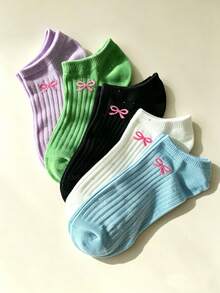 1/5 Pairs Women's Solid Color Bow Tie Boat Socks, Sweet & Comfortable Breathable Invisible Socks, Suitable For Daily Wear, Home, All Seasons - Multicolor - View 2
