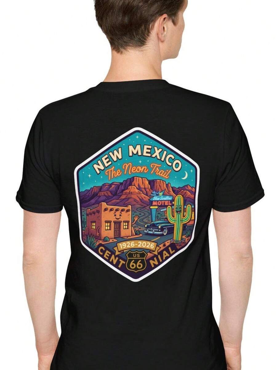 Camiseta Centenaria de la Ruta 66 de Nuevo México | Camiseta con Gráfico de Neon Trail Cadillac Ranch - Negro - Ver 1