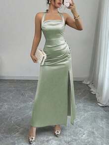 Vestido camisero elegante de color champagne, con tela de satén elástica y abertura lateral de largo maxi - Verde - Ver 7