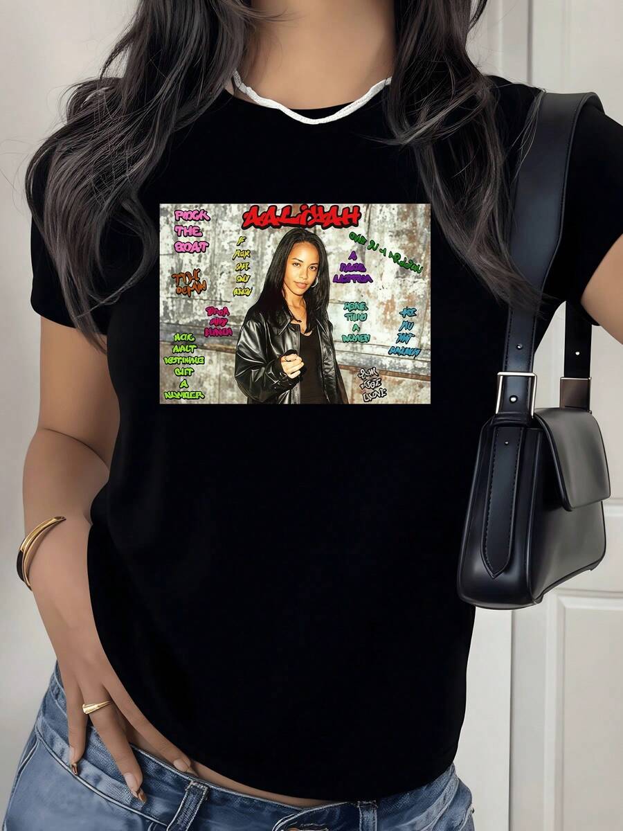 Artistic Figure With Urban Background Symbolizing Inner Strength, Confidence, And Creative Expression In Vibrant Tones On A Metallic Texture, Reflecting A Modern Attitude And Empowerment. Elegant Casual Women's T-Shirt For Everyday Wear. - 黑色 - 查看 1