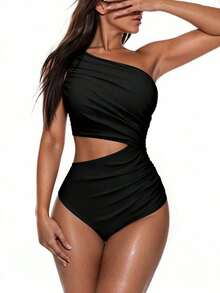 Swim 1 pieza Traje de baño de una pieza para mujer con diseño calado y fruncido en color liso - Negro - Ver 3