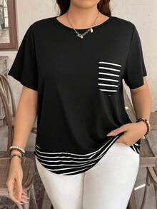 Camiseta casual de talla grande con bolsillo y rayas de contraste, prenda de vestir occidental estilo boho bohemio, top de festival de los 90, verano y primavera - Negro - Ver 1
