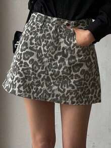 Falda vaquera casual con botones delanteros y bolsillos con estampado de leopardo - Marrón - Ver 1