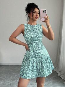 Vestido mini bohemio elegante francés con estampado floral sin mangas y cinturón para mujer, atuendo de graduación para primavera/verano - Multicolor 2 - Ver 5