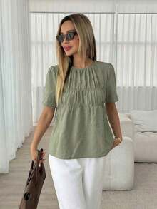 Camisa casual de mujer de unicolor, cuello redondo, manga corta y plisada - Verde - Ver 5