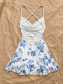 Vestido mini de mujer para vacaciones con tirantes finos, escote pronunciado, espalda descubierta, lazo, bajo estilo sirena, estilo romántico, vestido mini para pausas de té, caminatas al aire libre, citas, atuendo de playa, malla, joven y feme - Multicolor 2 - Ver 2