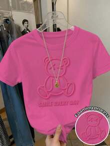 Camiseta de manga corta con cuello redondo y estampado de oso de peluche de dibujos animados, de uso casual y elegante para el uso diario en verano - Rosa Fucsia - Ver 6