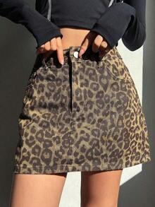 Falda vaquera casual con botones delanteros y bolsillos con estampado de leopardo - Marrón 5 - Ver 1