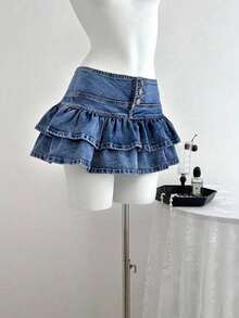 Falda de mezclilla de moda para mujer con diseño de cintura con botones y dobladillo con doble volante - Lavado ligero 2 - Ver 5