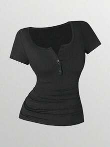 3 piezas Camisetas de manga corta casuales y versátiles de unicolor con pliegues para mujer - Multicolor 7 - Ver 5