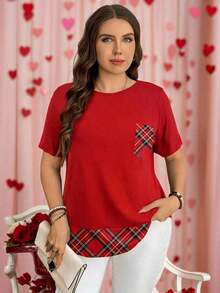Camiseta casual de talla grande con bolsillo y rayas de contraste, prenda de vestir occidental estilo boho bohemio, top de festival de los 90, verano y primavera - Rojo 2 - Ver 4