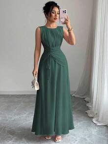 Vestido maxi casual, romántico, vintage y elegante de gasa para mujer con cordón en la cintura, para la playa, el té de la tarde, fiestas de noche, uso diario, sin mangas, de unicolor, vestido largo, primavera/verano - Verde Oscuro - Ver 7