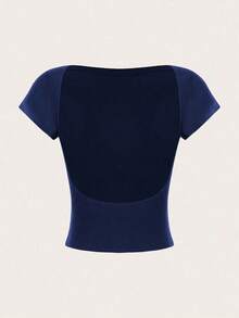 Camiseta casual de mujer de cuello de pico, manga corta y ajustada, versátil - Azul marino - Ver 2