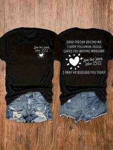 Round Neck T-Shirt With Writing And Letter Print, Women's Casual Short Sleeve Top, Women's Clothing - Breathable And Skin Friendly - 黑色 - 查看 12
