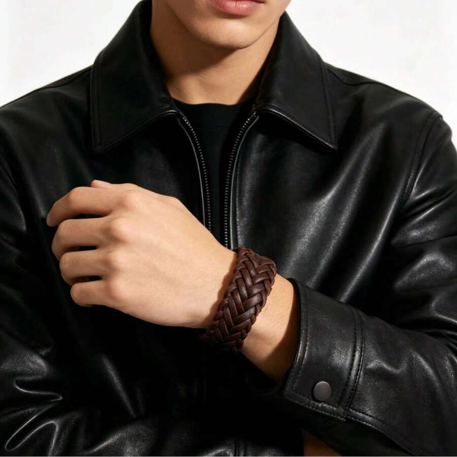 1 pieza Brazalete de cuero tejido vintage desgastado, accesorio de estilo punk diario para hombres - Marrón - Ver 1