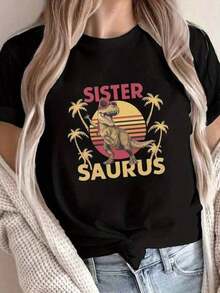 Solt 1pc Camiseta unisex de manga corta con estampado retro 'Sister' Saurusparamujer - Diseño de palmera verde y girasol, cuello redondo, manga corta, ideal para primavera y verano, ropa casual, estampado divertido, camiseta de manga corta para hombre, Dazymujer, romwe men, bohochic, regalos para maestros, camiseta para conjuntos de mujer con curvas para ti, y2k, estampado 100% algodón. - Negro - Ver 1