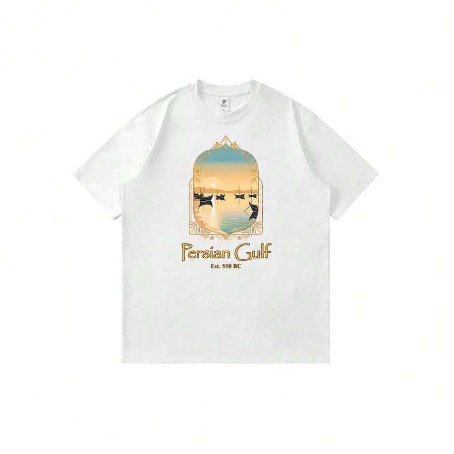 Unisex T-Shirt With Anime Print, Traditional Persian Gulf Design, Short Sleeve, Casual Style, Ideal For Summer And Everyday Wear. - 白色 - 查看 1