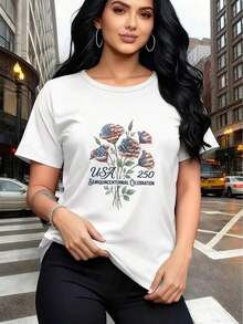Camiseta cómoda para mujer, diseño del 250º aniversario de la independencia de EE. UU. - Manga corta, cuello redondo, adecuada para uso en exteriores, en casa y diario - Lavable a máquina, ideal para ir al trabajo y a las vacaciones - Diseño 1005282026 - Estilo vintage urbano, unisex, de algodón, manga corta, cuello redondo. blusas.blusas casuales para dama. - Blanco - Ver 6