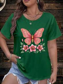 1 Piece Of Women's Summer T-Shirt - Plus Size Casual T-Shirt With Butterfly Floral Print - Short Sleeve, Round Neck, Loose Fit, Machine Washable, Comfortable For All Seasons, Feminine Style, Soft Fabric. Full Body Coverage. 100% Cotton - 綠色 - 查看 6