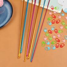 11pcs/Set 27cm Colorful Metal Crochet Hooks Kit Includes 20 Stitch Markers + 1 Scissor, Random Color, DIY Knitting Tools - Crochet Set - View 7