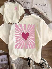 Camiseta de manga corta con cuello redondo y estampado de corazones y rayas.Camiseta de manga corta con cuello redondo, estilo casual y minimalista para mujer, con un diseño lindo, corte holgado, ideal para uso diario y vacaciones.Verano - Albaricoque - Ver 8