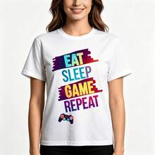 Tops para mujer de manga corta para niñas con estampado del eslogan de gamer Comer, Dormir, Jugar, Repetir y diseño de controlador de videojuegos. El corte holgado e informal perfecto para la vuelta al cole, fiestas de videojuegos o uso casual. Estilo de Verano. - Blanco - Ver 10