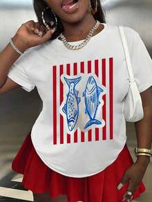 Casual Summer Short-Sleeved Shirt With Round Neck And Striped Fish Print, Women's Casual Shirt; Women's T-Shirt; Women's Spring/Summer Clothing; Tops - 白色的 - 查看 7