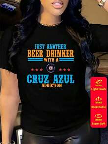 Women's Short-Sleeved T-Shirt, Round Neck, Loose Fit, Casual And Versatile, New CEMENTO CRUZ AZUL Print, Ideal As A Base Layer, Soft Fabric With Good Drape - -2 - 查看 2