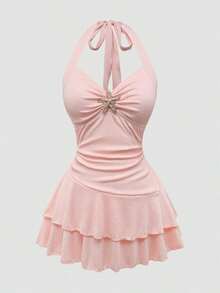 Conjunto de 2 piezas de vestido de tirantes con decoración de estrella de mar y shorts de baño para mujer talla grande, ideal para verano y vacaciones en la playa - Rosa - Ver 6