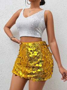Minifalda ajustada con lentejuelas para ropa de fiesta de vacaciones - Dorado - Ver 4