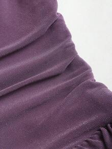 Vestido largo de manga larga con hombro asimétrico, volantes y tela con brillo, elegante y sexy para fiesta, otoño/invierno - Morado - Ver 5
