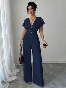 Mono elegante de pierna ancha de unicolor con cuello en V profundo y fruncido para mujer - Burdeos - Ver 11