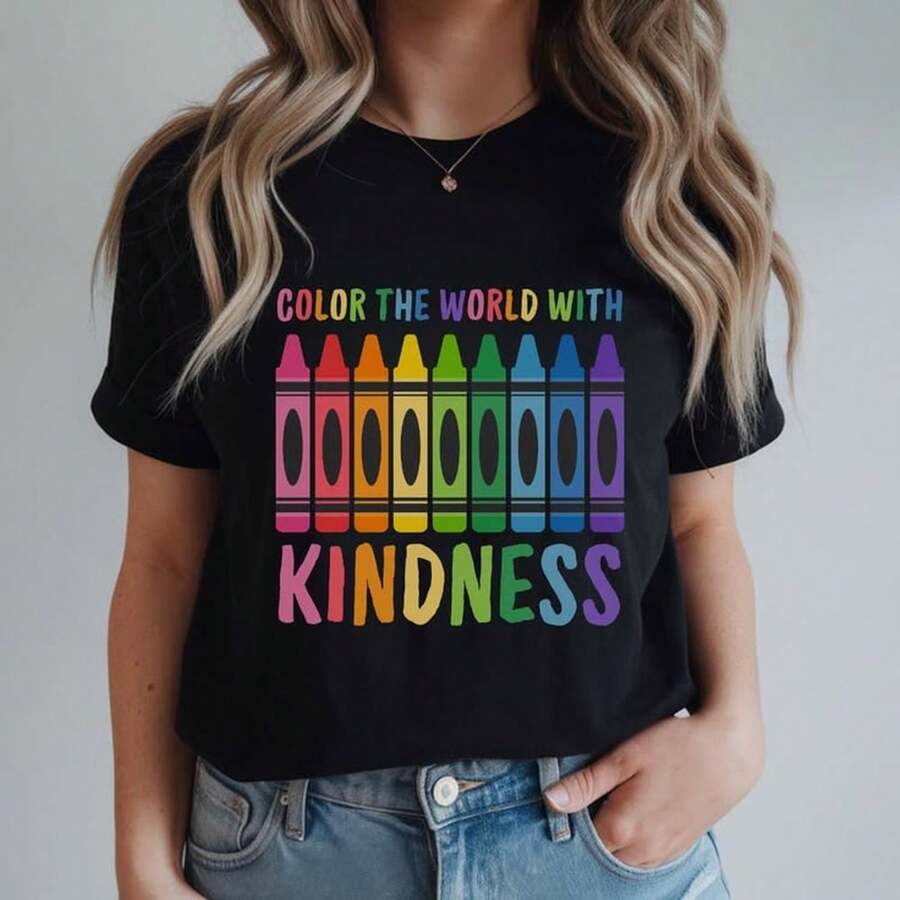 Color The World With Kindness Shirt, Back To School T1EE, First Grade Teacher, First Day Of School T1EE, Funny Student T1EE, Teacher Shirt 220G. Men's AL1Godn Foundation, 220g Of Pure Comfort. Created For Every Human Being, Whether Woman Or Man. Consistent Fabric Of Optimal Quality, Prepared For Any Size, Soft To The Touch But Designed To Hold Up. Breathable Outerwear For Women, Autumn Sets, Vacation Outfits, New Year's Costumes For Her. - 黑色 - 查看 1