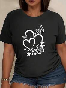 Camiseta clásica de manga corta para mujer con estampado de "Mariposa y Corazón Artístico", hecha de fibra de poliéster suave y transpirable, con elasticidad media, lavable a máquina, perfecta para la moda de verano, ropa de mujer, adecuada para uso diario y en casa, top de manga corta más vendido. - Negro - Ver 1