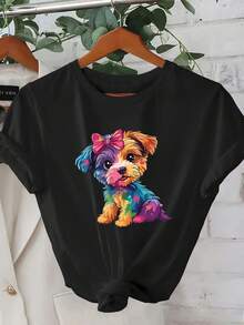 Women's T-Shirt - Regular Fit With Short Sleeves, Featuring A Cute And Fun 2D Geometric Design Of Colorful Dogs With Bows, Casual Short-Sleeved Round Neck T-Shirt Suitable For All Seasons, Available In Various Colors And Sizes, Holiday Fashion, Retro Aesthetic, Breathable Material, Interesting Prints. - 黑色 - 查看 6