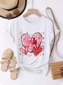 Women's T-Shirt: This Comfortable And Casual Short-Sleeved T-Shirt Features A Round Neck, A Heart Design With Sparkling Rhinestones, And Romantic Padlock And Key Embellishments. The Round Neck And Regular Length Make It A Fashionable Garment Suitable For Everyday Wear In Spring And Summer. - 白色 - 查看 6