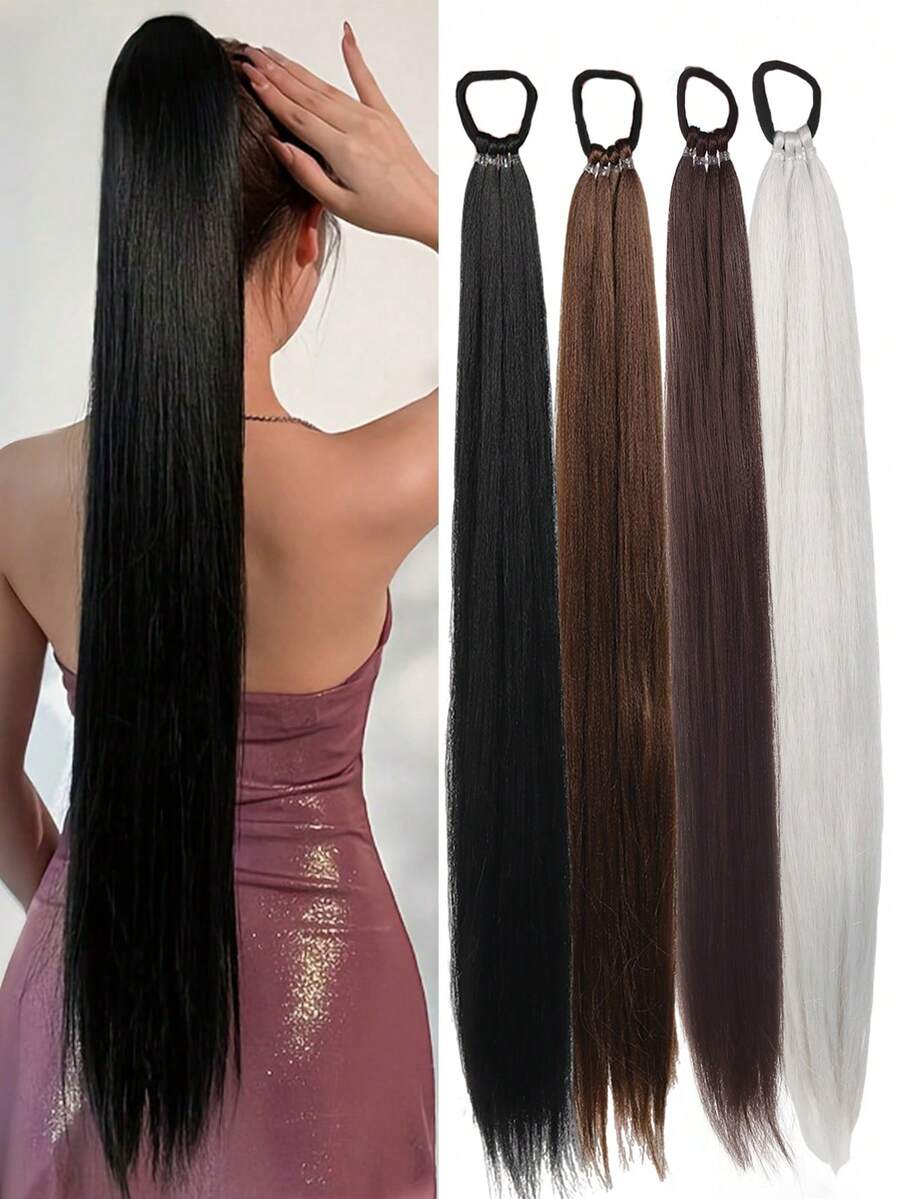 28 Inch Long Straight Synthetic Fiber Ponytail Hair Extensions, Braided Ponytail Extensions, Multi-Functional Elastic Band, Elegant Black Wig, Natural Soft Fiber, Suitable For Multiple Skin Tones