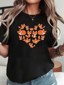 Camiseta de manga corta con estampado de corazón de zorro para mujer | Top casual negro de cuello redondo con estampado de zorro naranja, tela cómoda, lavable a máquina, adecuado para primavera/verano/otoño. Blusa, camisa > Hermosa. - Negro - Ver 9