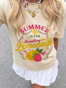 Suave Camiseta Gráfica Oversize de Limonada de Fresa para Mujer, Bonita Camiseta de Manga Corta con Estampado de Frutas y Cuello Redondo, Estilo Preppy de Verano con Estética Y2K, Top Casual Transpirable de Corte Holgado, Ropa de Vacaciones Coqueta Kawaii, Camiseta Dulce para el Día a Día, Perfecta para Vacaciones en la Playa, Festivales de Verano, Picnic, Despedida de Soltera, Uso Casual Diario, Salida de Fin de Semana, Paseo por la Ciudad, Cita para tomar un café, Fiesta en la Piscina, Viajes, Look Urbano, Ropa para Salir de Verano, Ropa para el Campus Universitario, Atuendo para Resort, Evento Temático de Limones, ropa de calor mujer - Albaricoque - Ver 1