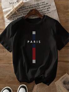 Camiseta de Mujer con Estampado "Paris Legend" - Rayas Geométricas Azul Rey con el llamativo estampado "PARIS", cuello redondo elástico, manga corta, adecuada para uso casual al aire libre, a la moda para primavera, verano y otoño. - Negro - Ver 2