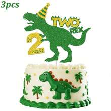 1 pièce/3 pièces Décoration de gâteau d'anniversaire en forme d'œuf de dinosaure, dinosaure vert et or pailleté - Multicolore - Voir 12